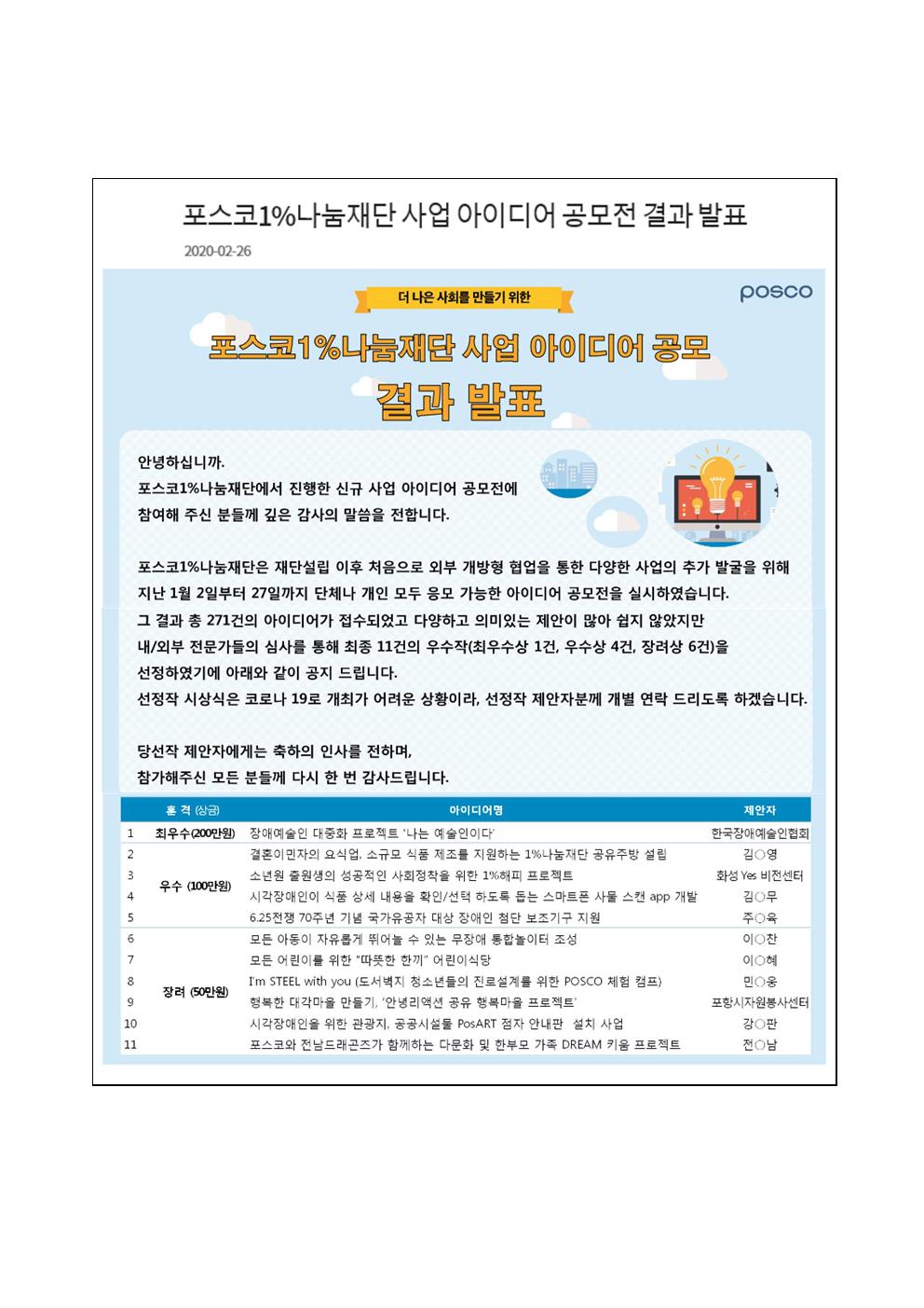 포스코 1% 나눔재단 사업 아이디어 공모전 결과발표001